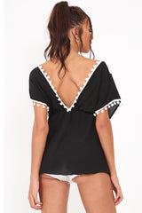 Black Pom Pom Trim Plunge Top - Raaya