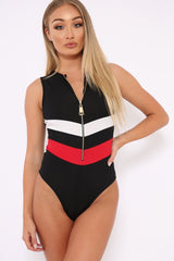Black Red and White Chevron Zip Front Bodysuit - Elliani