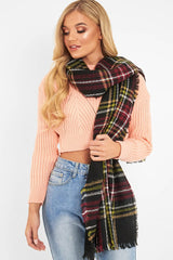 Black Red Tartan Fringe Hem Scarf - Liany