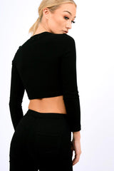 Black Ribbed Eyelet Lace Up Crop Top - Freyanne