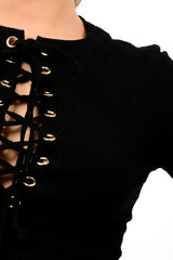 Black Ribbed Eyelet Lace Up Crop Top - Freyanne