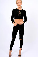 Black Ribbed Eyelet Lace Up Crop Top - Freyanne