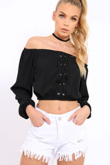 Black Ribbed Lace Up Bardot Crop Top - Sara