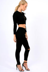 Black Ribbed Eyelet Lace Up Crop Top - Freyanne