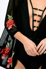 Black Mesh Floral Applique Kimono - Lizzy