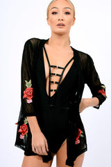 Black Mesh Floral Applique Kimono - Lizzy