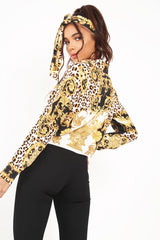 Black Scarf Print Cropped Tie Front Shirt - Kaly