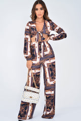 Black Scarf Print Wide Leg Crop Blouse Co-Ord - Freyah