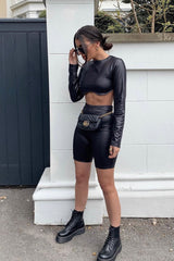 Black Coated Long Sleeve Moulded Crop Top - Indie