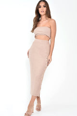 Nude Knitted Bandeau And Skirt Co-Ord - Sidra