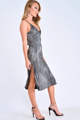 Black Glitter Plunge Plisse Midi Slip Dress - Siara