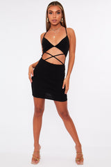 Black Strappy Front Cut Out Ribbed Mini Dress - Riata