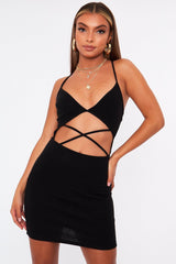 Black Strappy Front Cut Out Ribbed Mini Dress - Riata