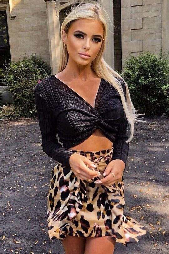 Black Plisse Plunge Twist Front Crop Top - Paolina