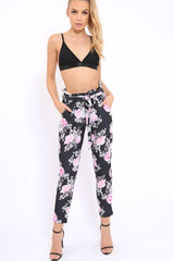 Black Floral Paper Bag Tie Waist Cigarette Trousers - Jana