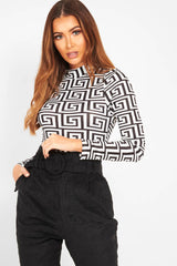 White Aztec Print High Neck Long Sleeve Bodysuit - Bellemy