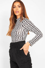 White Aztec Print High Neck Long Sleeve Bodysuit - Bellemy