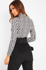 White Aztec Print High Neck Long Sleeve Bodysuit - Bellemy