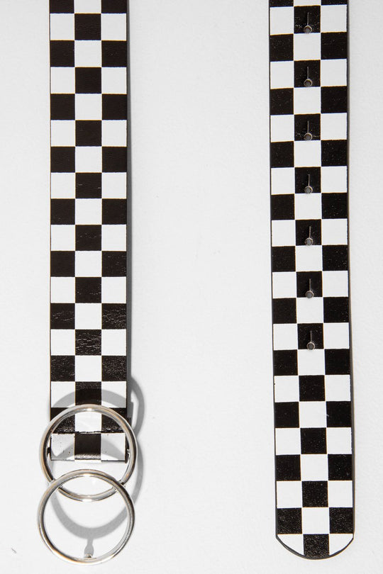 Black White Check PU Double Circle Buckle Belt - Tansy