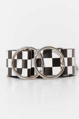 Black White Check PU Double Circle Buckle Belt - Tansy