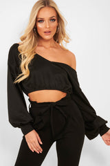 Black Plunge off Shoulder Cropped Sweatshirt - Zarah