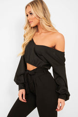Black Plunge off Shoulder Cropped Sweatshirt - Zarah