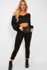 Black Plunge off Shoulder Cropped Sweatshirt - Zarah
