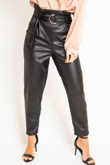 Black Coated Belted Tapered Trousers - Reyna