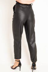 Black Coated Belted Tapered Trousers - Reyna