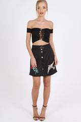 Black Faux Suede Embroidered Button Up Mini Skirt - Marlia