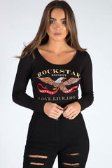 Black Long Sleeved Rockstar Print Bodysuit - Hannah