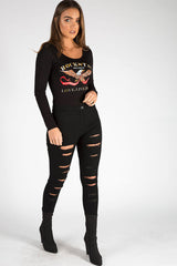 Black Long Sleeved Rockstar Print Bodysuit - Hannah