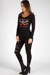 Black Long Sleeved Rockstar Print Bodysuit - Hannah
