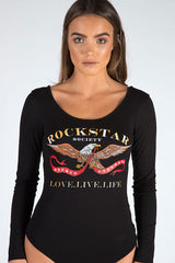 Black Long Sleeved Rockstar Print Bodysuit - Hannah