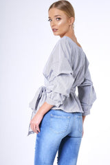 Black Stripe Wrap Around Tie Waist Top - Rhona