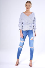 Black Stripe Wrap Around Tie Waist Top - Rhona