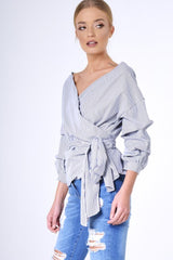 Black Stripe Wrap Around Tie Waist Top - Rhona