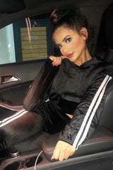 Black And White Stripe Velour Cropped Tracksuit - Deymi