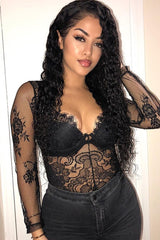 Black Sheer Lace Cup Long Sleeve Bodysuit - Izela