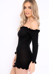 Black Knitted Bardot Frill Dress - Leisha