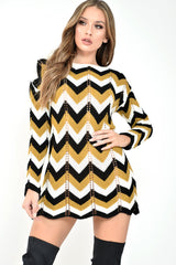 Mustard White Black Chevron Jumper Dress - Kalise