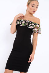 Black Embroidered Bardot Bodycon Dress - Jaxie