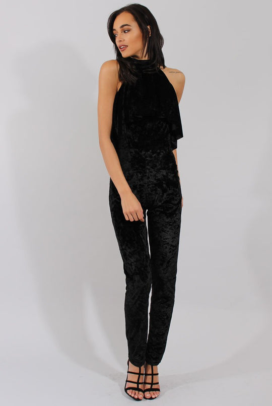 Black Crushed Velvet Frill Choker Jumpsuit - Blaire