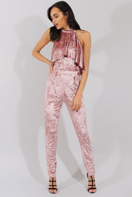 Mauve Crushed Velvet Frill Choker Jumpsuit - Blaire