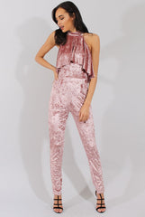 Mauve Crushed Velvet Frill Choker Jumpsuit - Blaire
