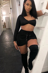 Black Faux Suede Lace Up Mini Skirt - Evelise