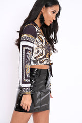 Gold and Black Slinky Wrap Tie Crop Top - Bleu