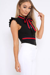 Black Sleeveless Frill Stripe Bodysuit - Laili