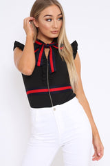 Black Sleeveless Frill Stripe Bodysuit - Laili
