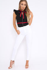 Black Sleeveless Frill Stripe Bodysuit - Laili